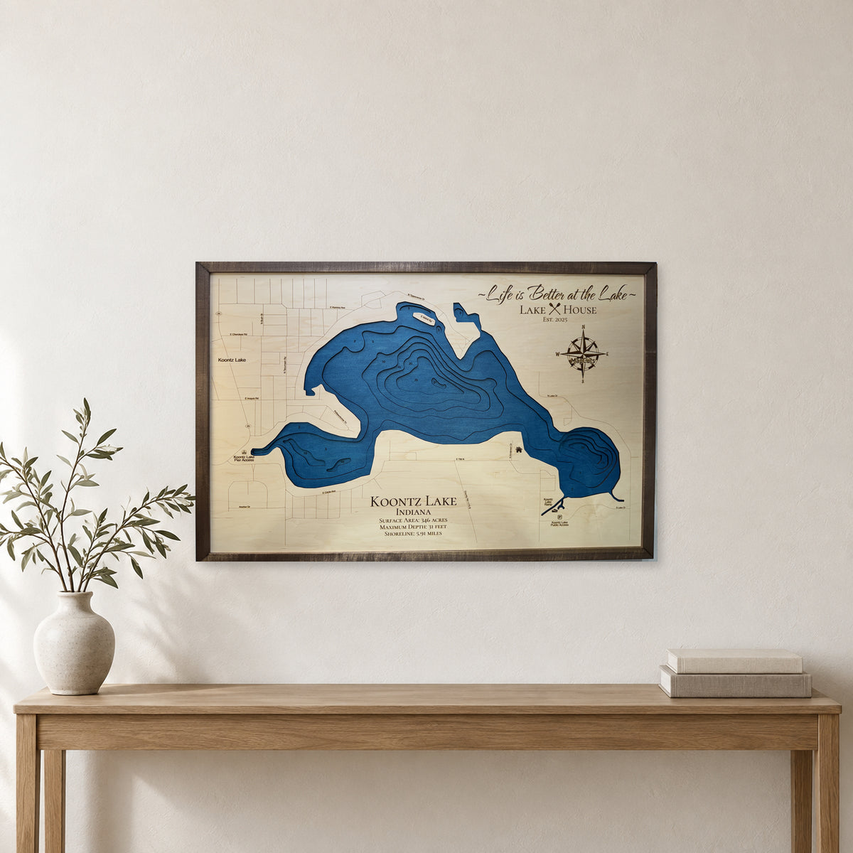 Koontz Lake, Indiana Wood Map — Multilayer — room mockup