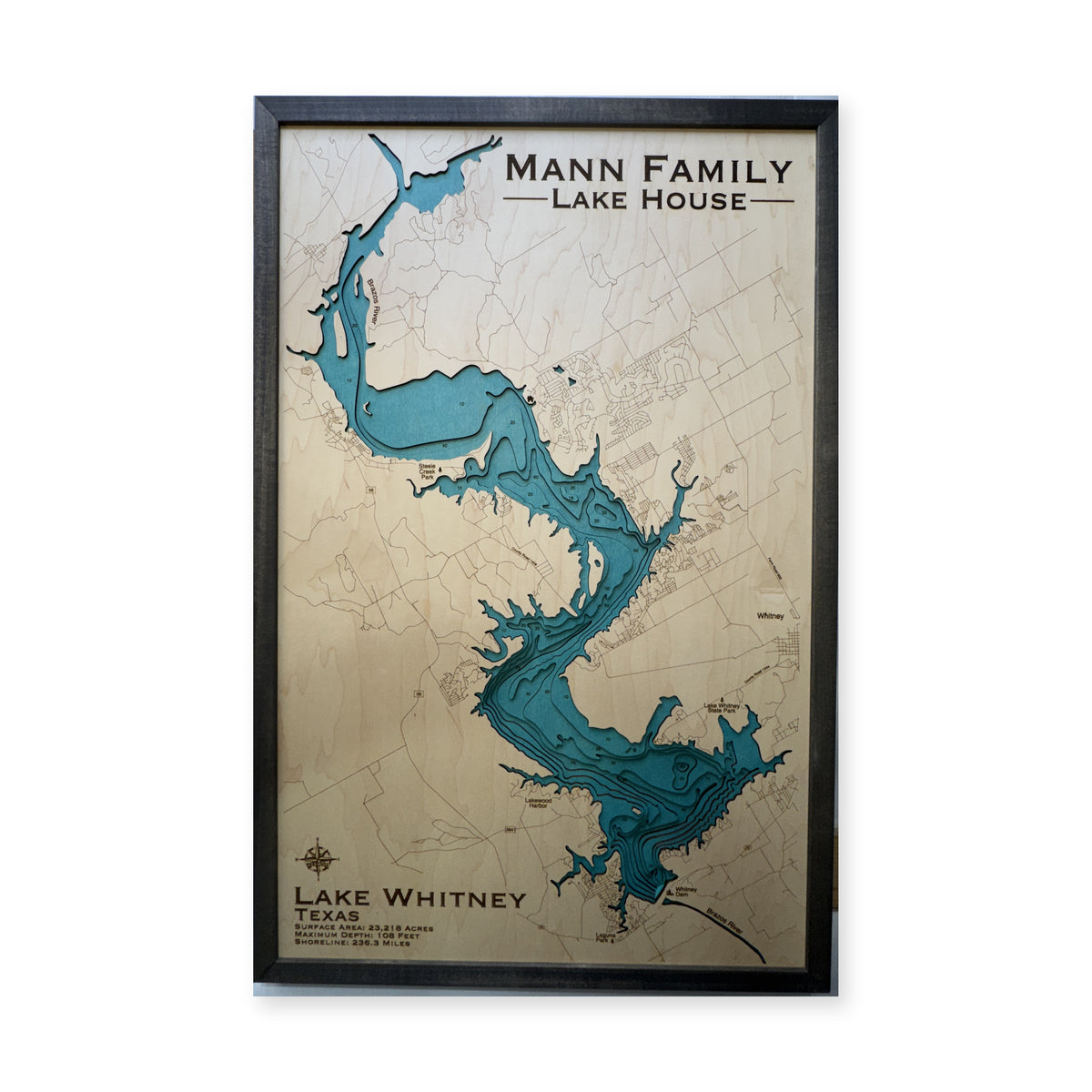 Lake Whitney, Texas Wood Map — Multilayer — plain-background photo