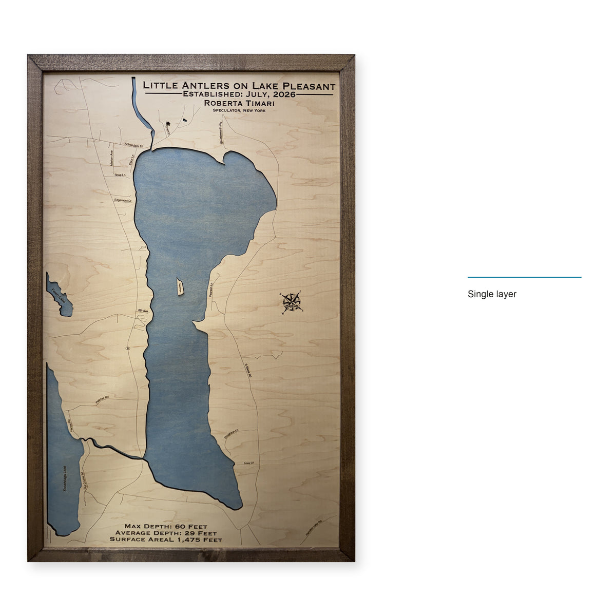 Lake Pleasant, Hamilton County, New York Wood Map — Single layer — style-labeled photo