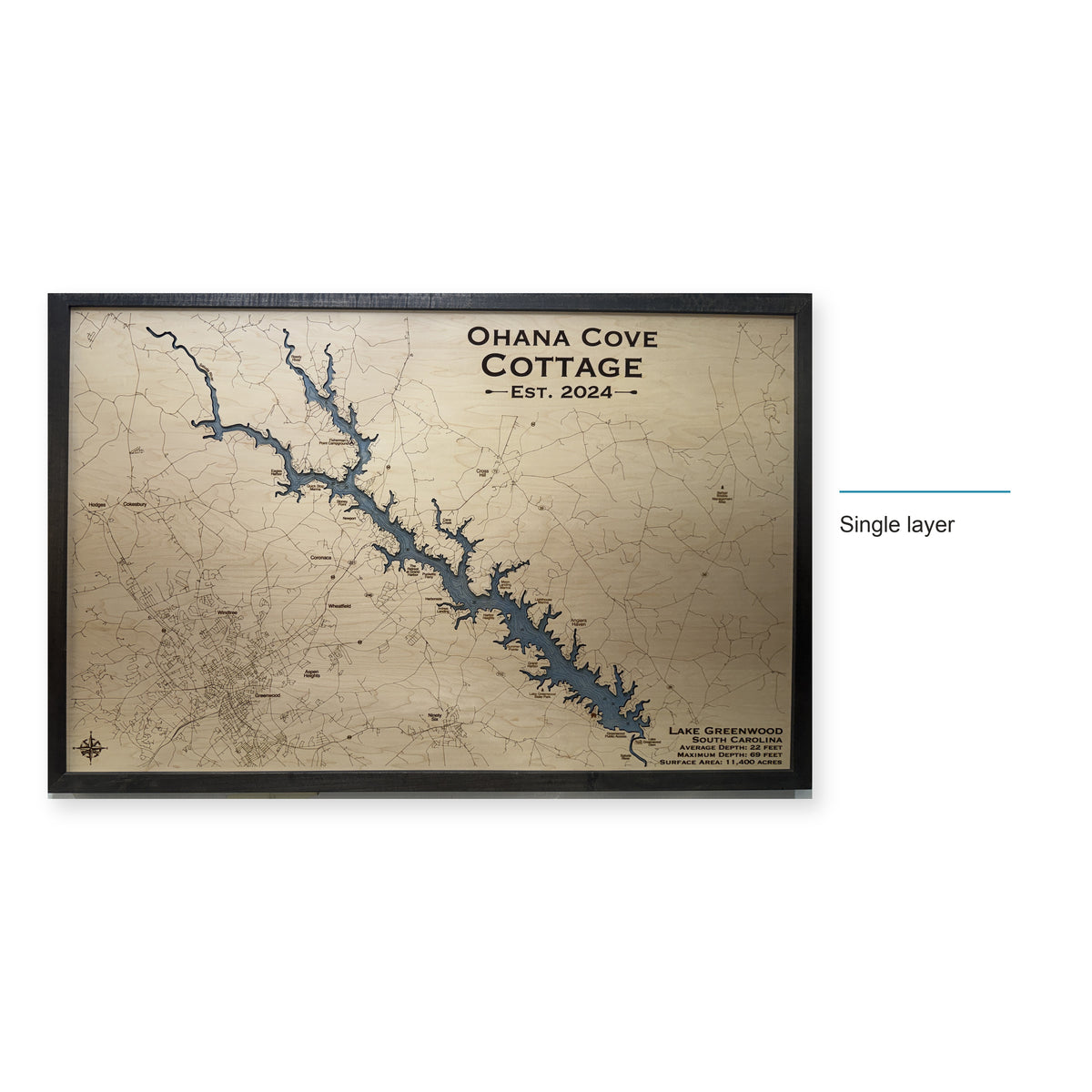 Lake Greenwood, South Carolina Wood Map — Single layer — style-labeled photo