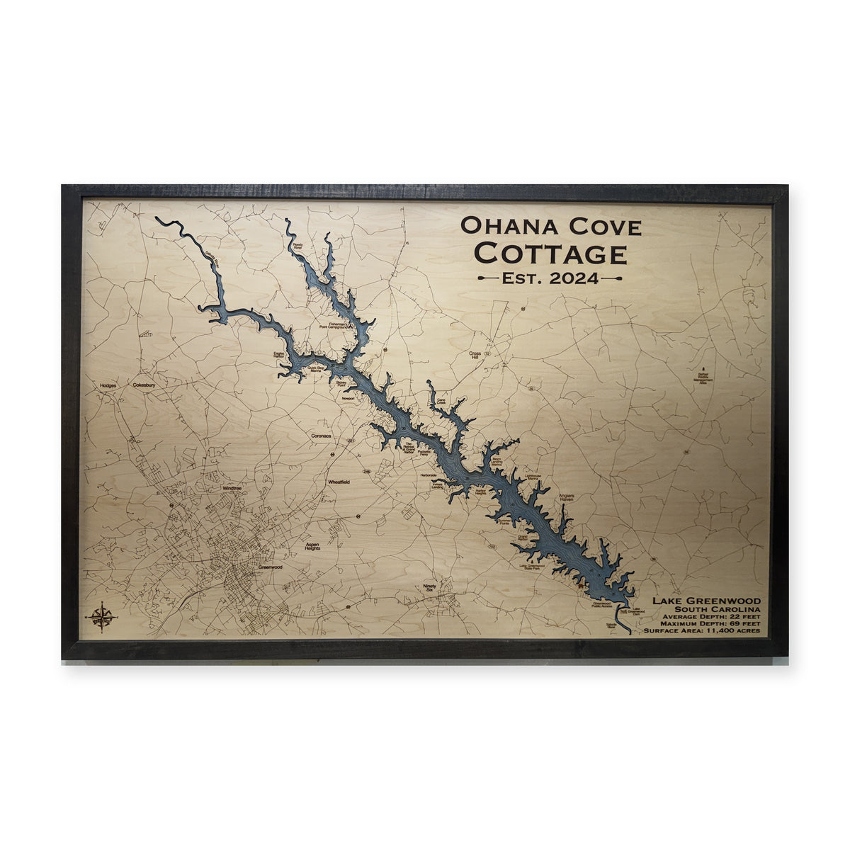 Lake Greenwood, South Carolina Wood Map — Single layer — plain-background photo