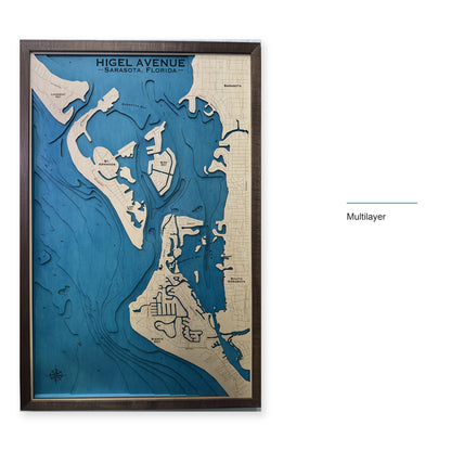 Siesta Key and Sarasota Bay, Florida Wood Map — Multilayer — style-labeled photo