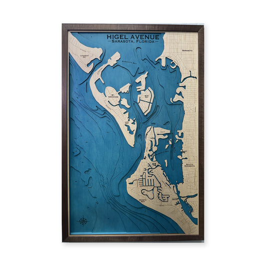 Siesta Key and Sarasota Bay, Florida Wood Map — Multilayer — plain-background photo