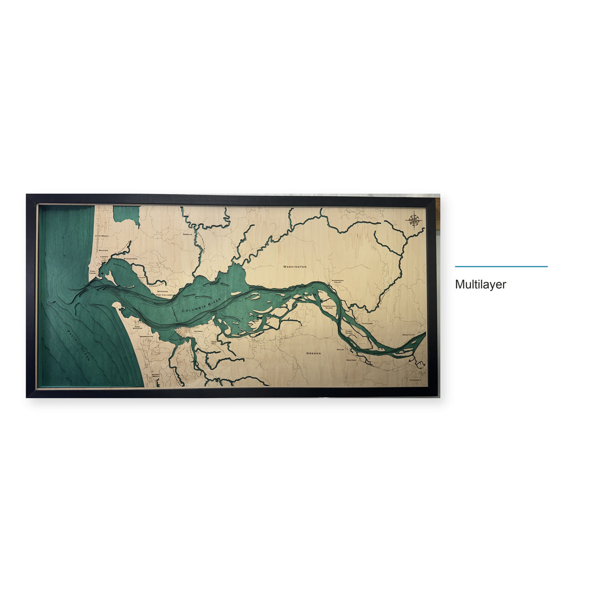 Columbia River, McGowan, Oregon Wood Map — Multilayer — style-labeled photo
