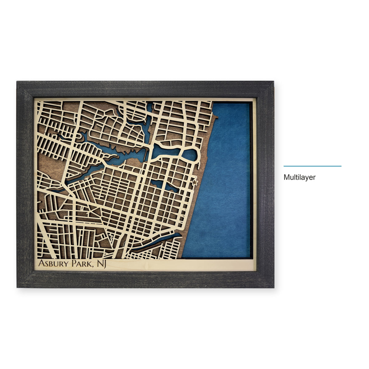 Asbury Park, New Jersey Wood Map — Multilayer — style-labeled photo