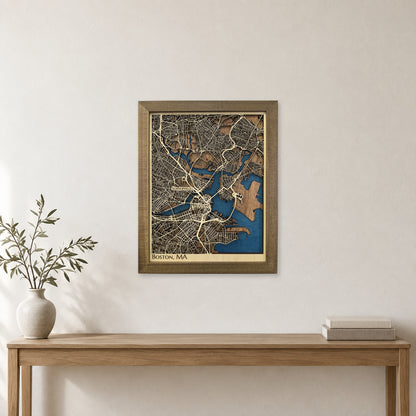 Boston City, MA, Wood City Map — Multilayer — room mockup
