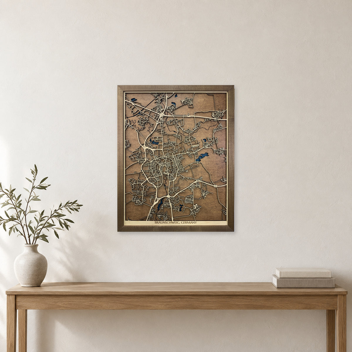 Braunschweig, Germany Wood Map — Multilayer — room mockup