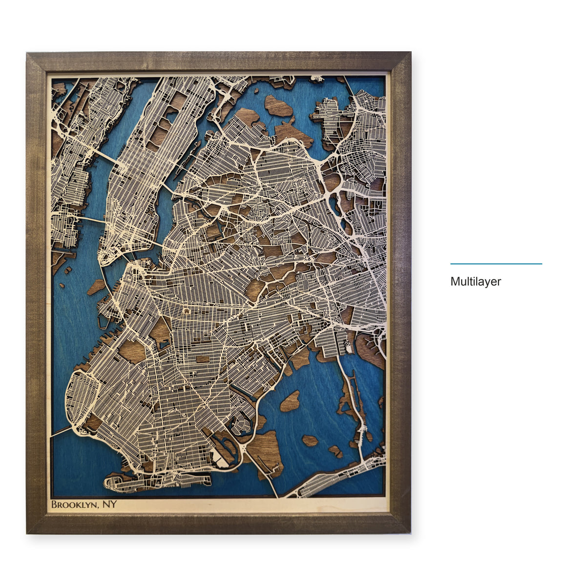 Brooklyn, New York Wood Map — Multilayer — style-labeled photo