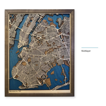 Brooklyn, New York Wood Map — Multilayer — style-labeled photo