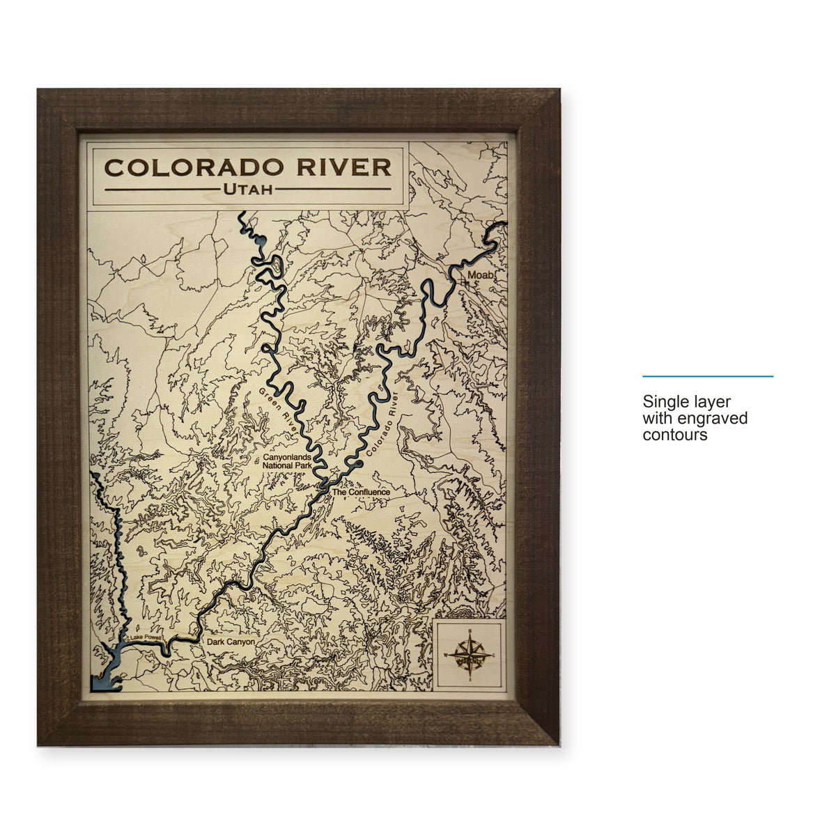 Colorado River, Utah Wood Map — Single layer with engraved contours — style-labeled photo