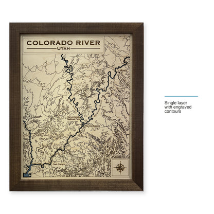 Colorado River, Utah Wood Map — Single layer with engraved contours — style-labeled photo