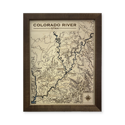 Colorado River, Utah Wood Map — Single layer with engraved contours — plain-background photo