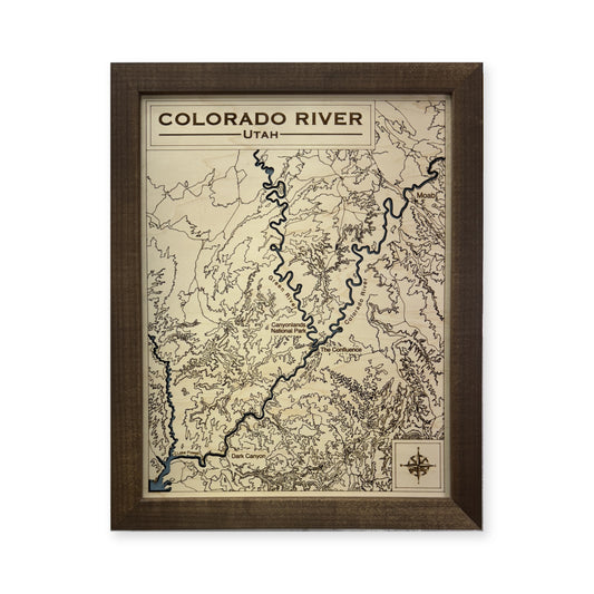 Colorado River, Utah Wood Map — Single layer with engraved contours — plain-background photo