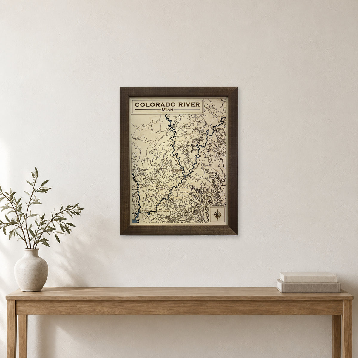 Colorado River, Utah Wood Map — Single layer with engraved contours — room mockup