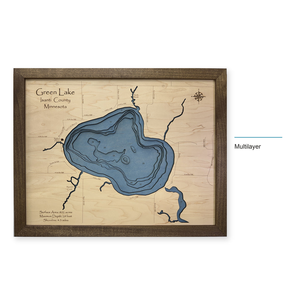 Green Lake, Isanti County, Minnesota Wood Map — Multilayer — style-labeled photo