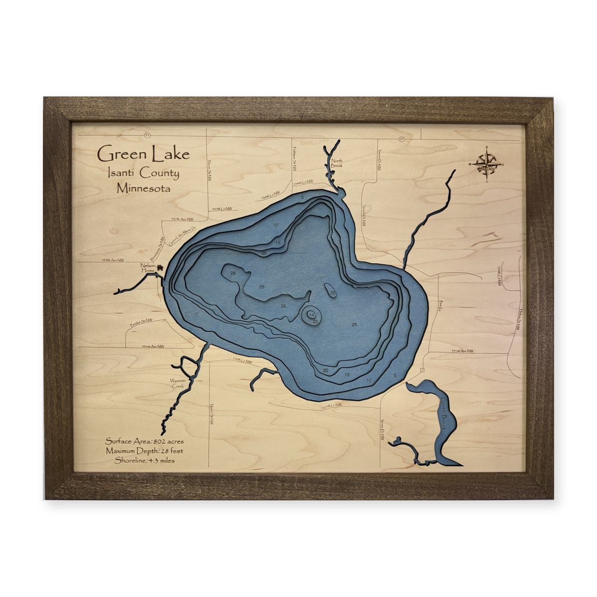 Green Lake, Isanti County, Minnesota Wood Map — Multilayer — plain-background photo