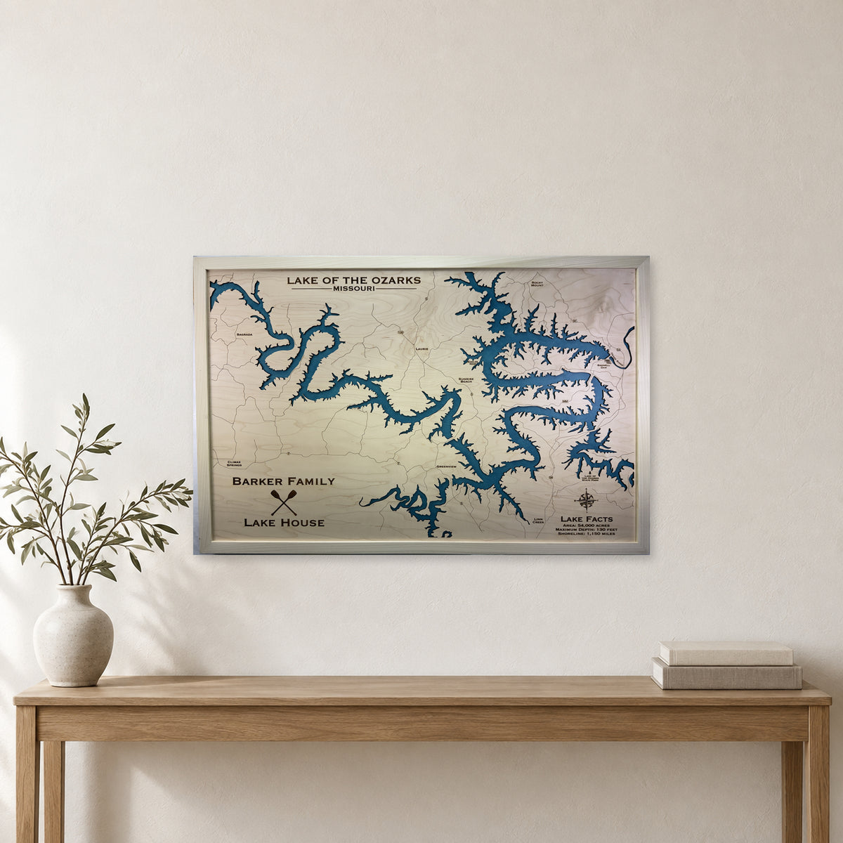 Lake of the Ozarks Wood Map — Single layer — room mockup