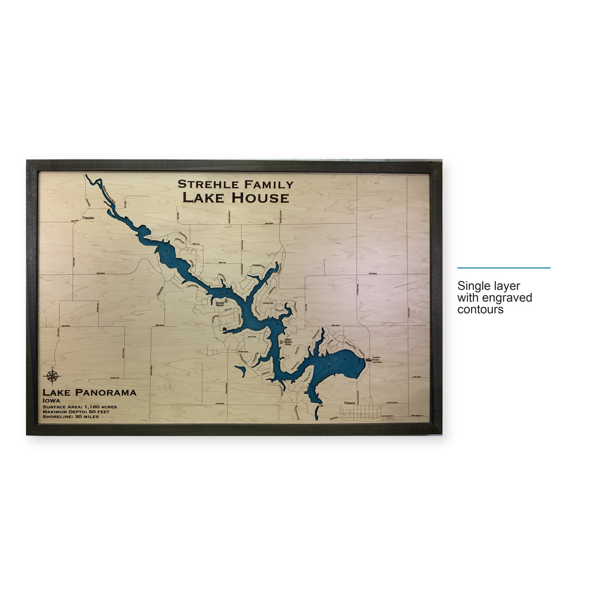 Lake Panorama, Iowa Wood Map — Single layer with engraved contours — style-labeled photo