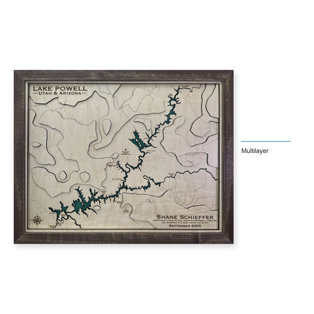 Lake Powell, Arizona Wood Map — Multilayer — style-labeled photo