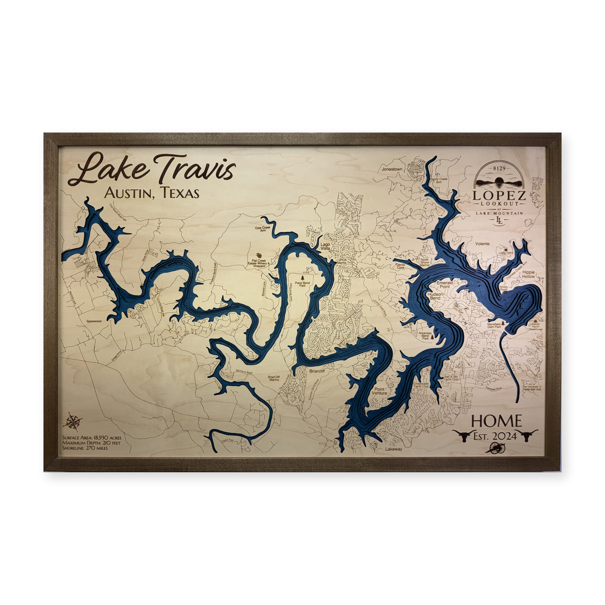 Lake Travis Wood Map — Multilayer — plain-background photo
