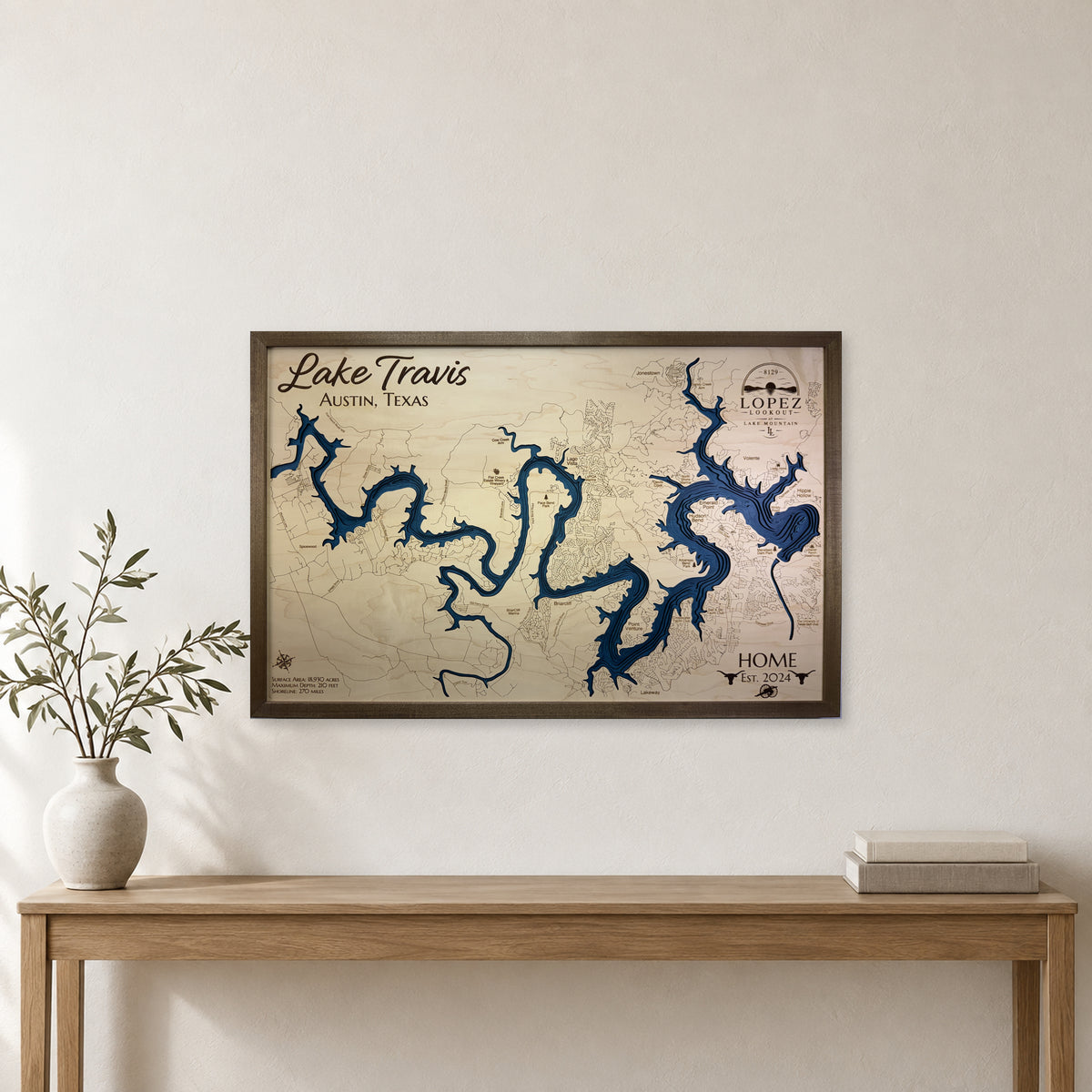 Lake Travis Wood Map — Multilayer — room mockup