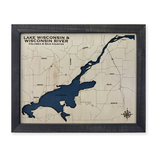 Lake Wisconsin and Wisconsin River Wood Map — Single layer — plain-background photo