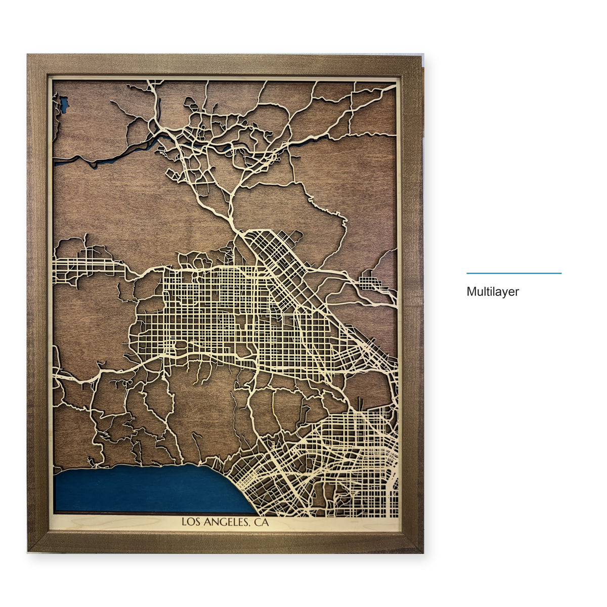 Los Angeles, California Wood Map — Multilayer — style-labeled photo