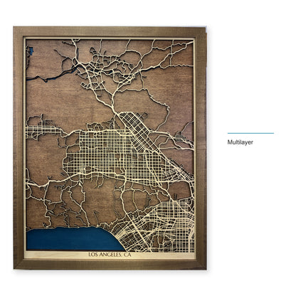 Los Angeles, California Wood Map — Multilayer — style-labeled photo