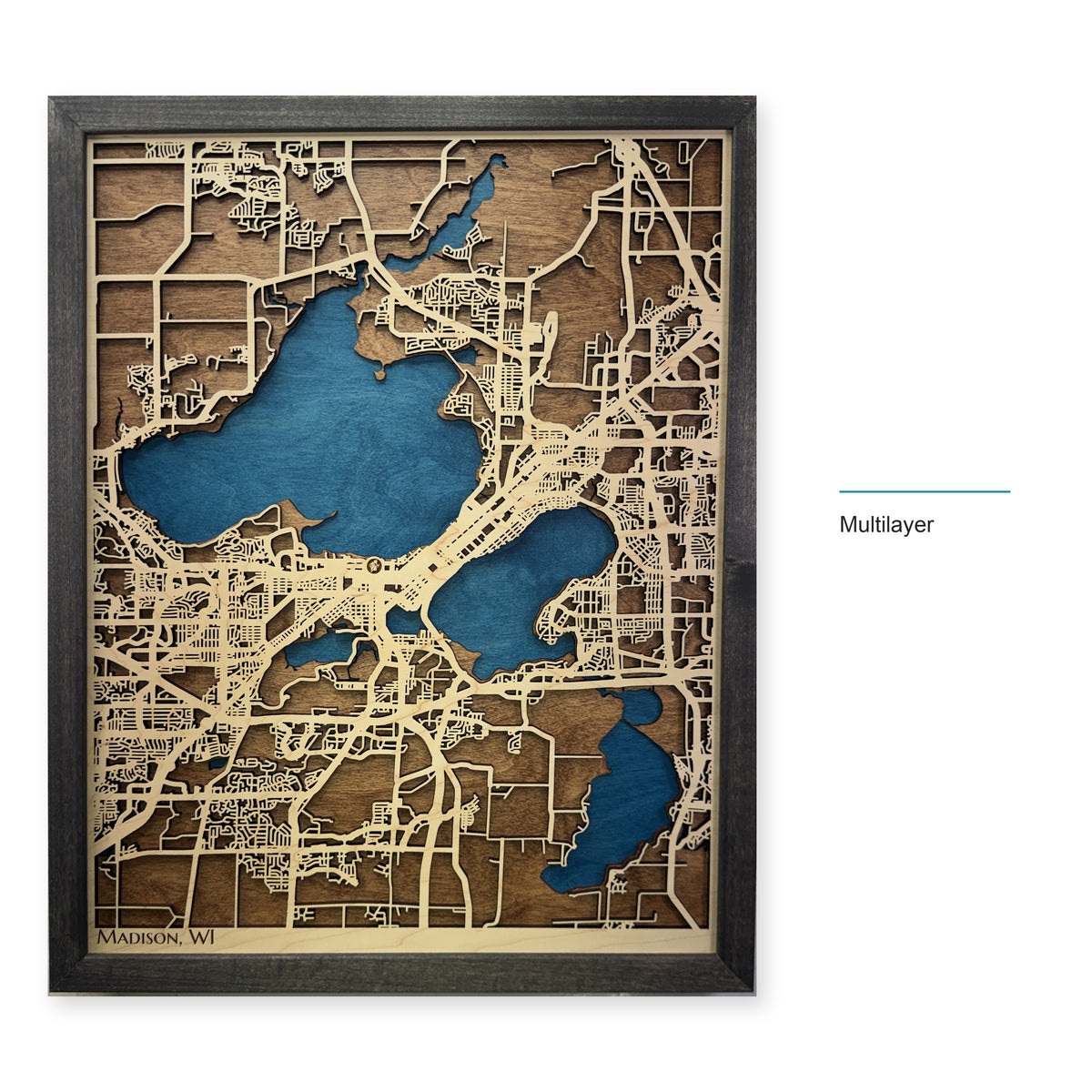 Madison, Wisconsin Wood Map — Multilayer — style-labeled photo