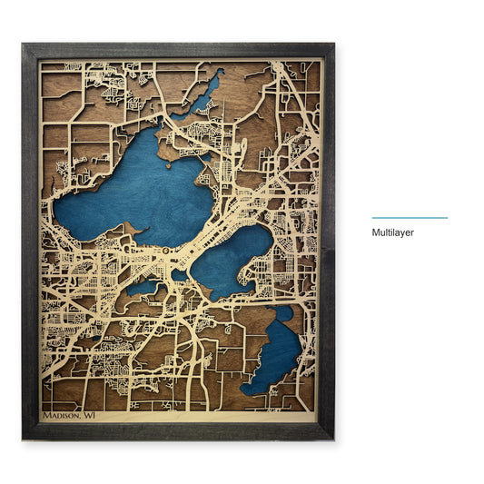 Madison, Wisconsin Wood Map — Multilayer — style-labeled photo