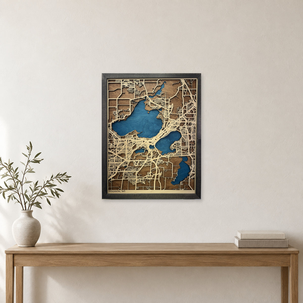 Madison, Wisconsin Wood Map — Multilayer — room mockup