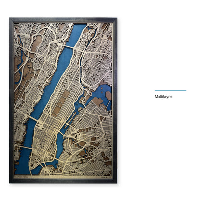 Manhattan, New York, Wood City Map — Multilayer — style-labeled photo