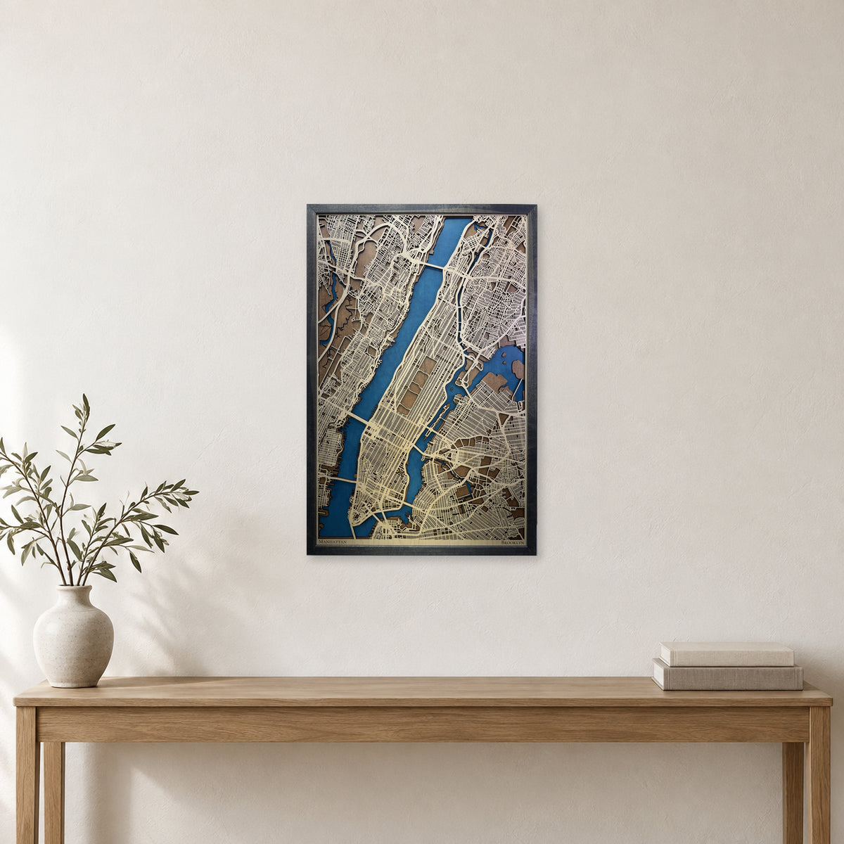 Manhattan, New York, Wood City Map — Multilayer — room mockup