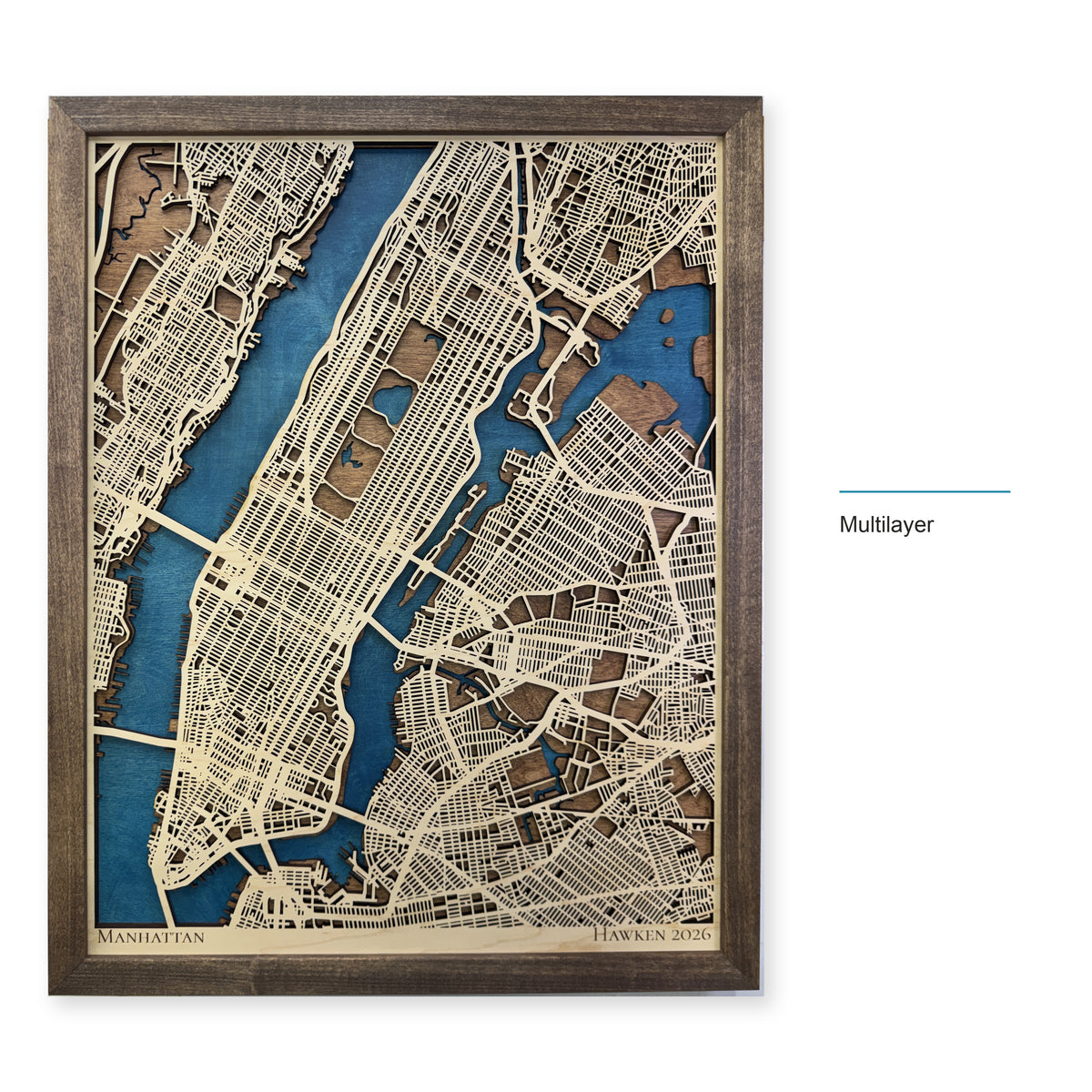 Manhattan, New York, Wood City Map — Multilayer — style-labeled photo