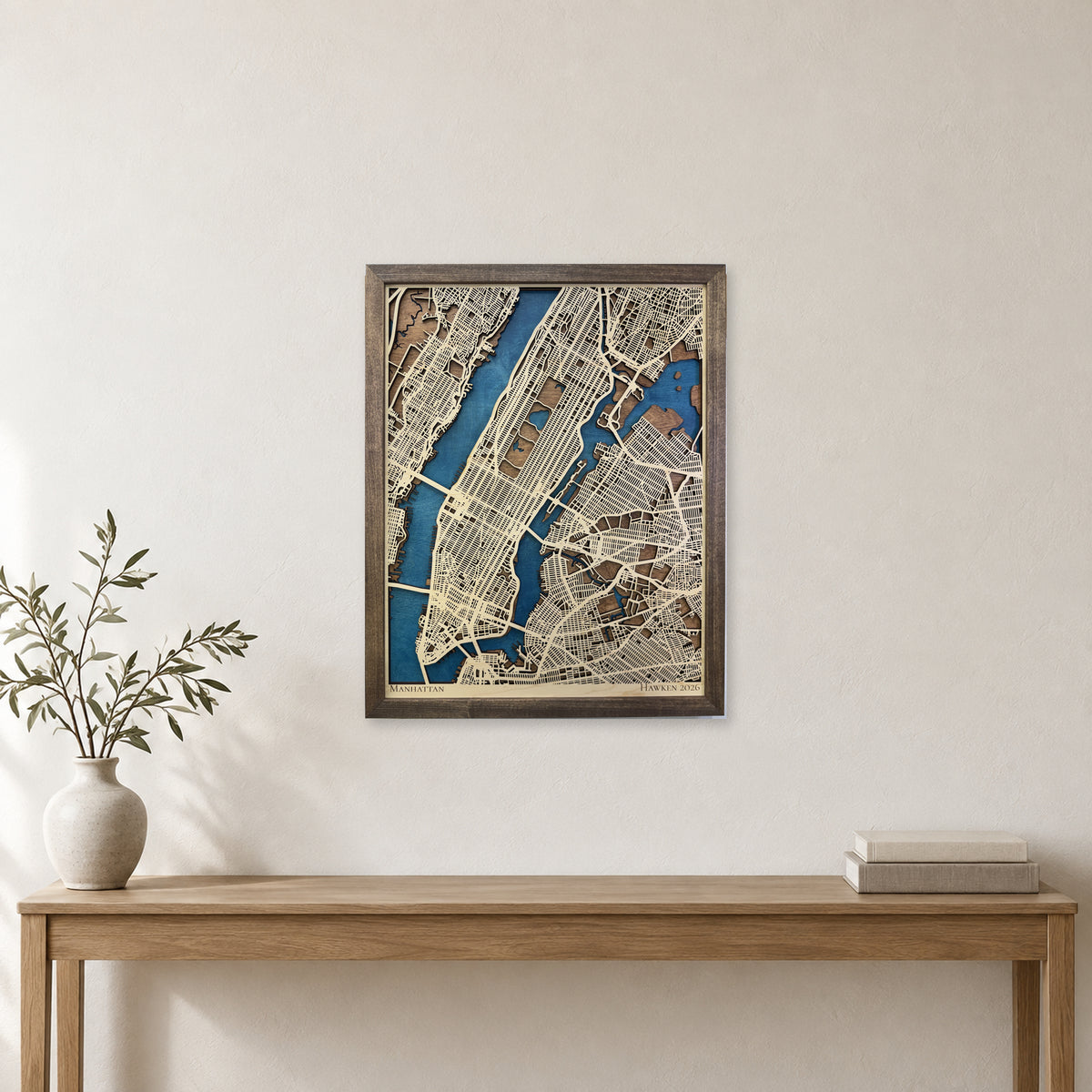 Manhattan, New York, Wood City Map — Multilayer — room mockup