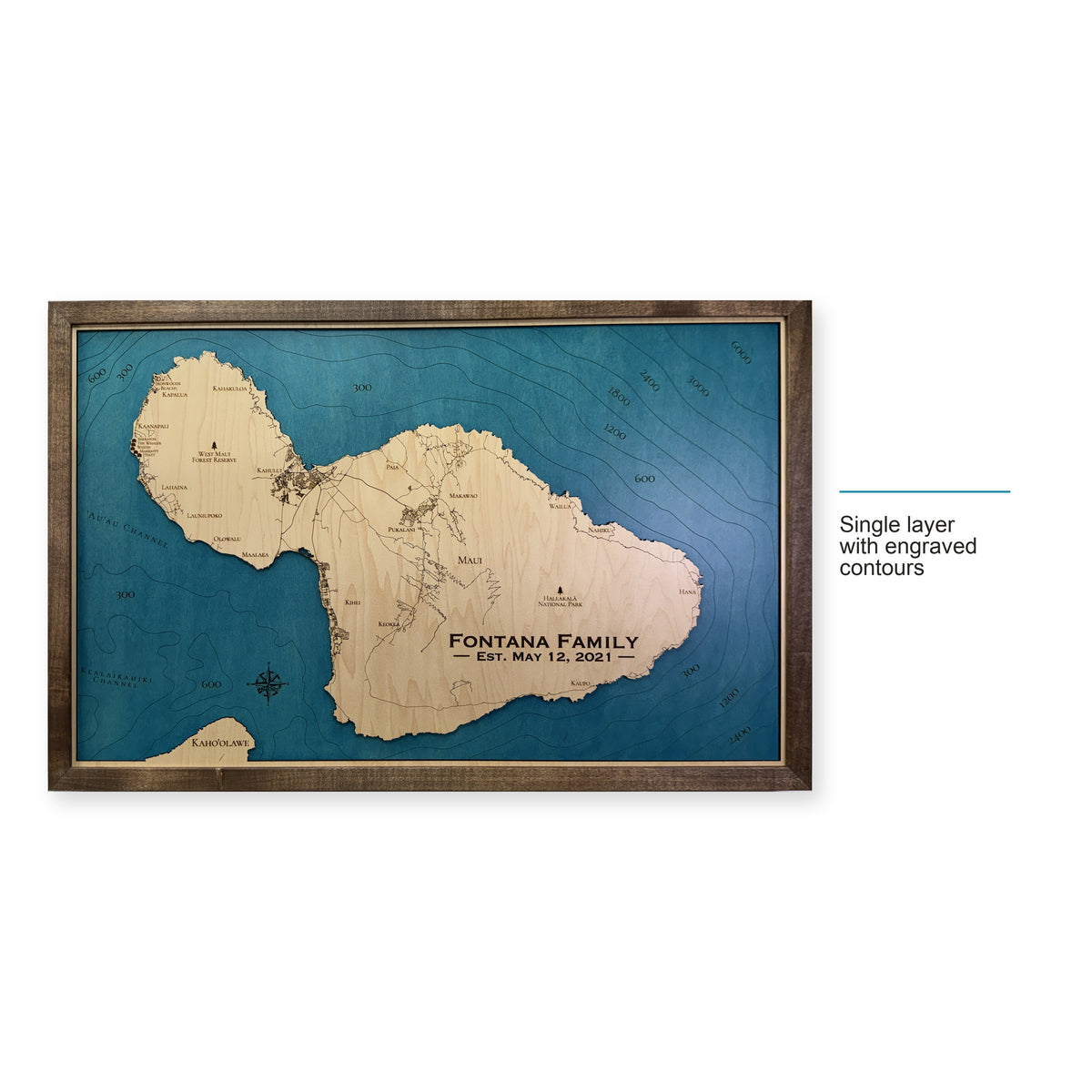 Maui, Hawaii Wood Map — Single layer with engraved contours — style-labeled photo
