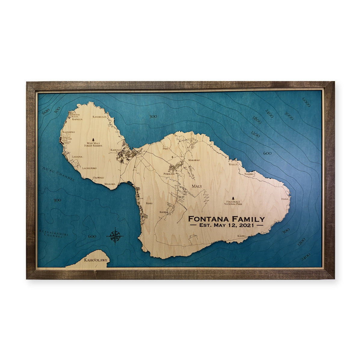 Maui, Hawaii Wood Map — Single layer with engraved contours — plain-background photo