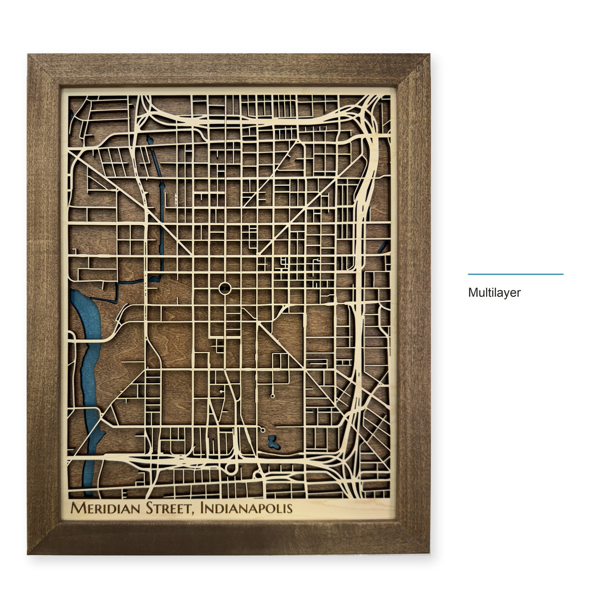 Meridian Street, Indianapolis, Indiana Wood Map — Multilayer — style-labeled photo