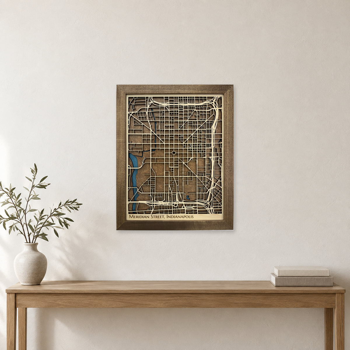 Meridian Street, Indianapolis, Indiana Wood Map — Multilayer — room mockup