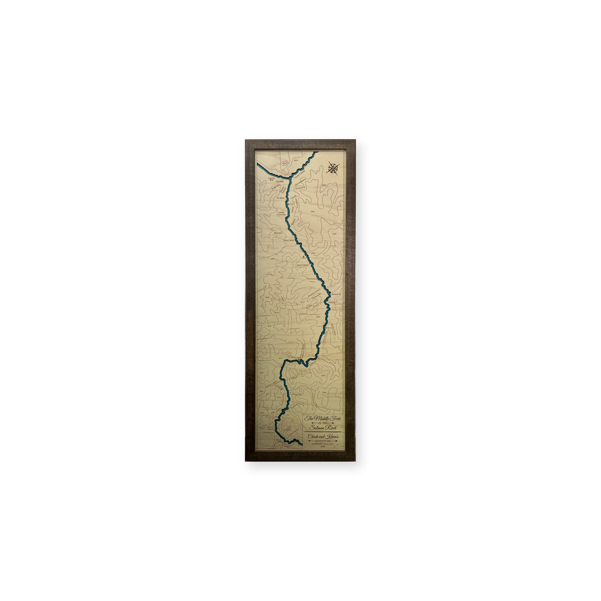 Middle Fork Salmon River, Idaho Wood Map — Single layer with engraved contours — plain-background photo