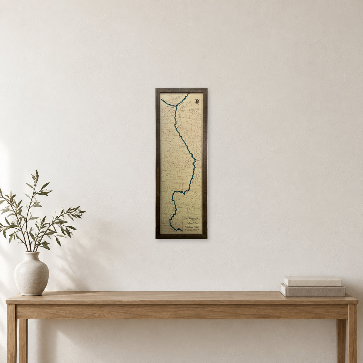 Middle Fork Salmon River, Idaho Wood Map — Single layer with engraved contours — room mockup