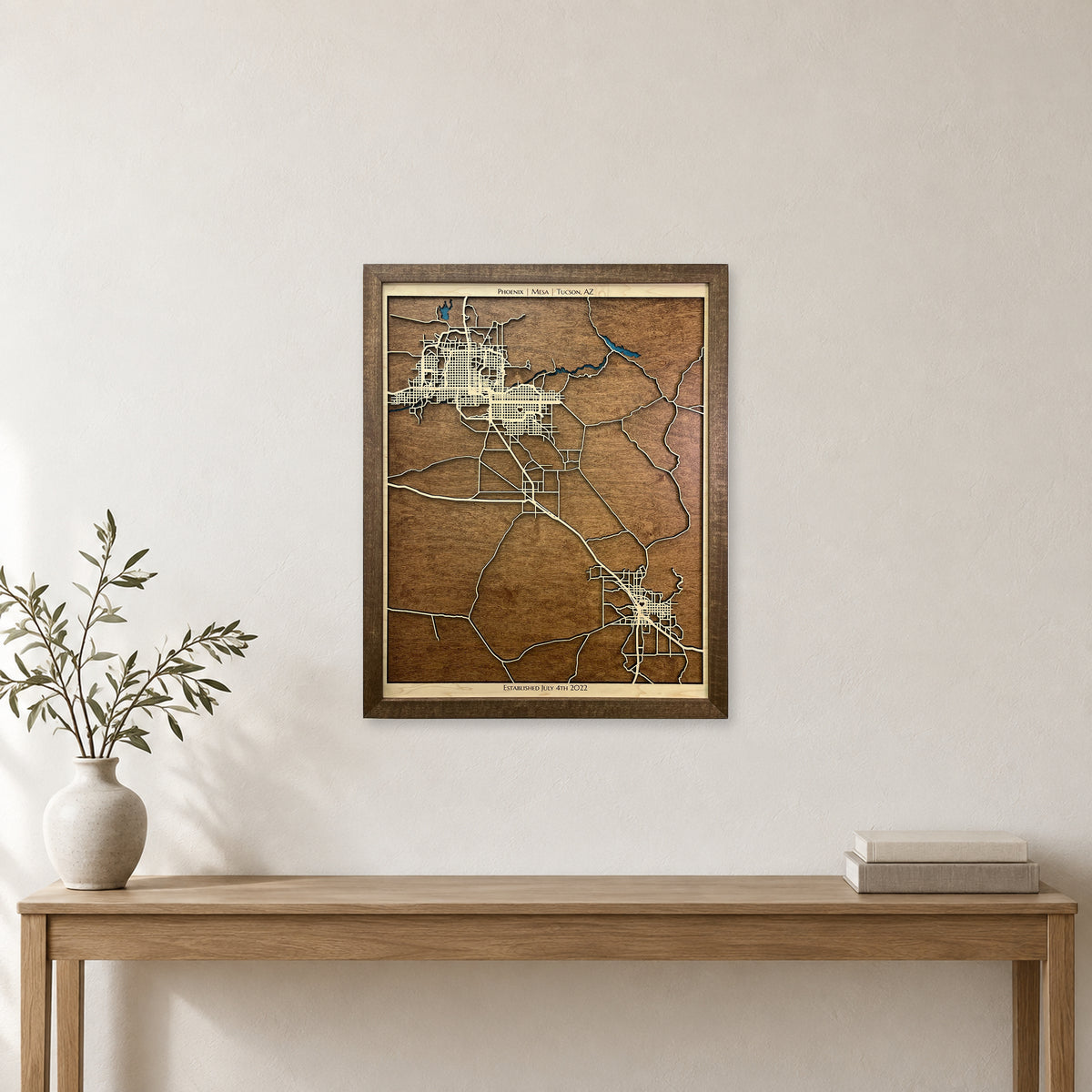 Phoenix, Mesa and Tucson, Arizona Wood Map — Multilayer — room mockup