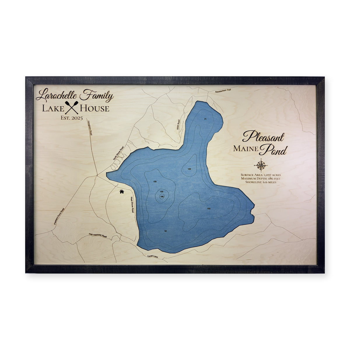 Pleasant Pond, Caratunk, Maine Wood Map — Single layer with engraved contours — plain-background photo