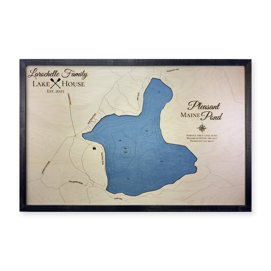 Pleasant Pond, Caratunk, Maine Wood Map — Single layer with engraved contours — plain-background photo