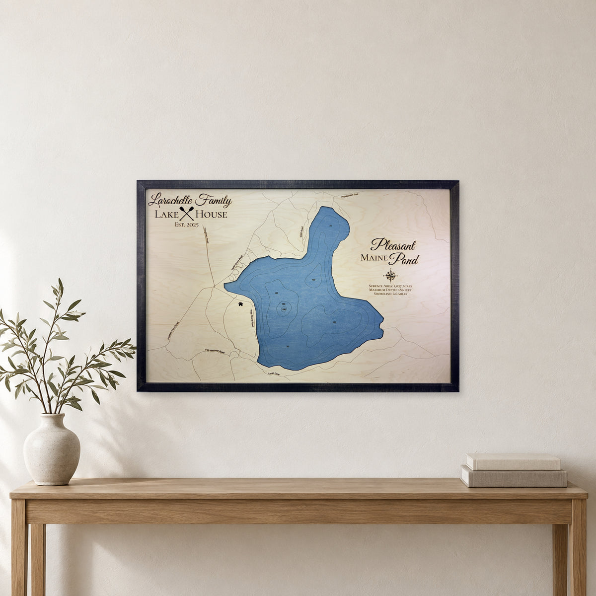 Pleasant Pond, Caratunk, Maine Wood Map — Single layer with engraved contours — room mockup