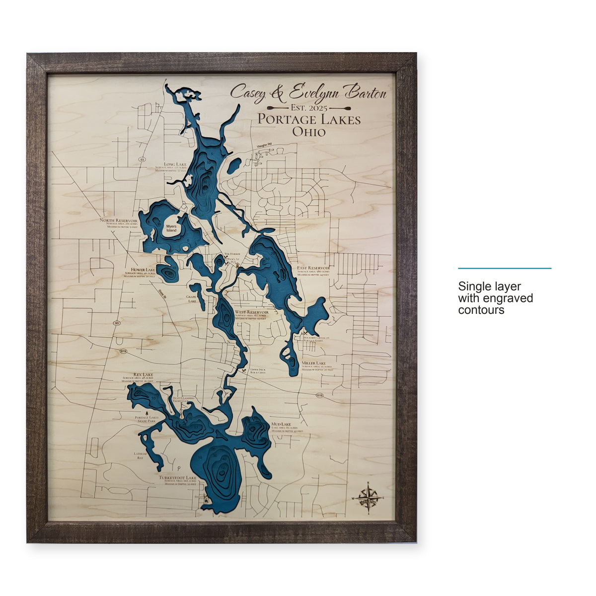 Portage Lakes, Summit County, OH, Wood Map — Single layer with engraved contours — style-labeled photo