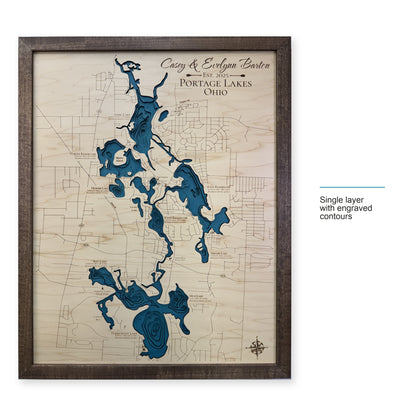Portage Lakes, Summit County, OH, Wood Map — Single layer with engraved contours — style-labeled photo