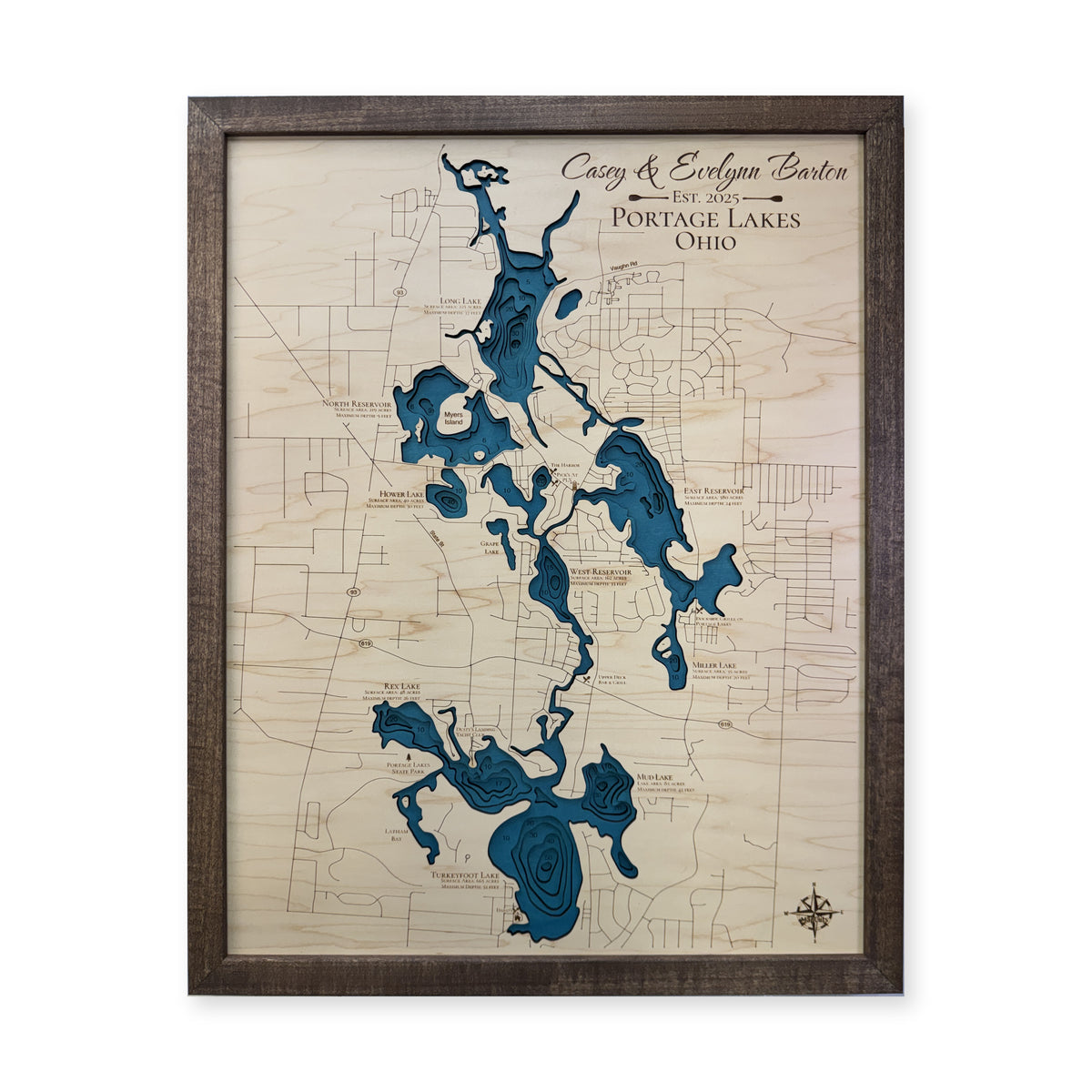 Portage Lakes, Summit County, OH, Wood Map — Single layer with engraved contours — plain-background photo