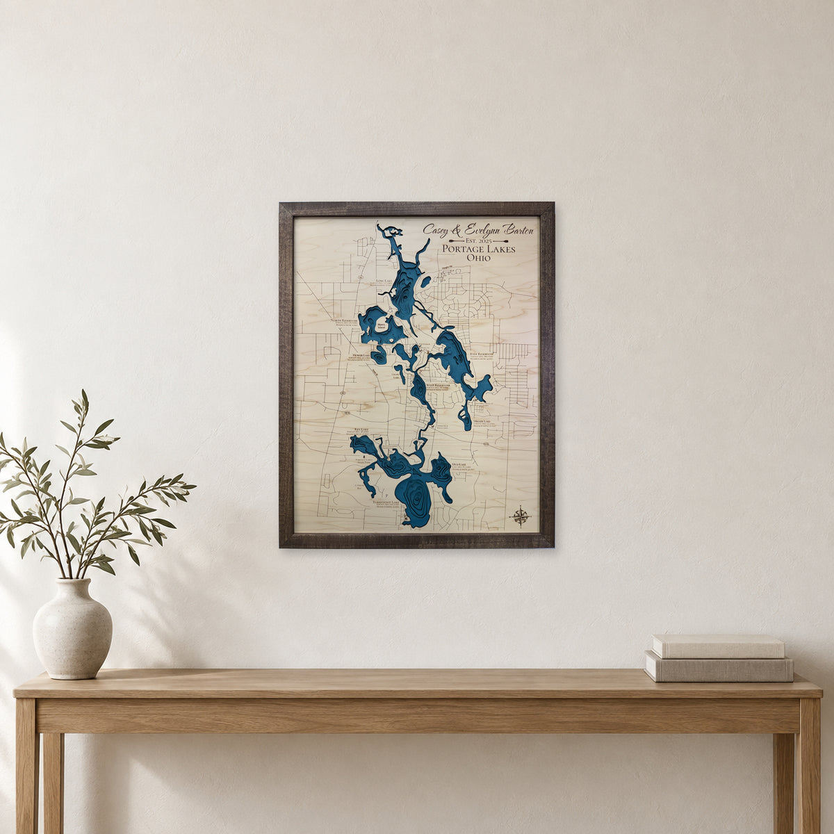 Portage Lakes, Summit County, OH, Wood Map — Single layer with engraved contours — room mockup