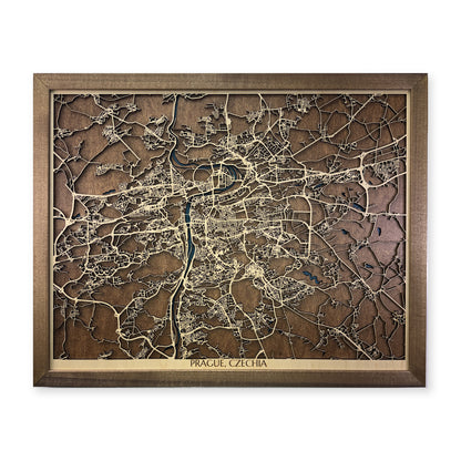 Prague, Czechia Wood Map — Multilayer — plain-background photo